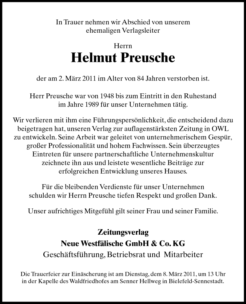  Traueranzeige für Helmut Preusche vom 04.03.2011 aus Neue Westfälische