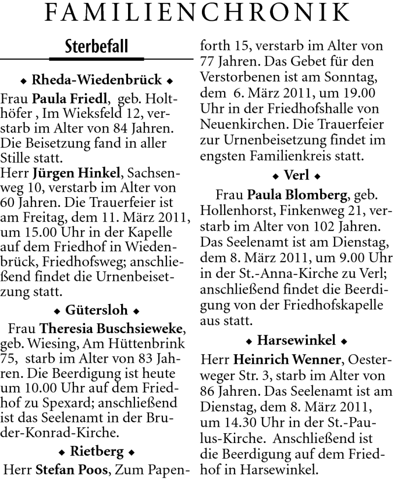  Traueranzeige für Paula Friedl vom 05.03.2011 aus Neue Westfälische