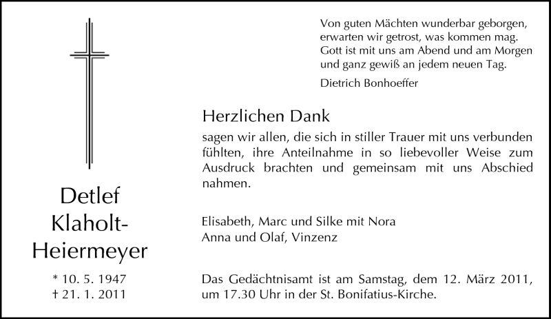  Traueranzeige für Detlef Klaholt-Heiermeyer vom 05.03.2011 aus Neue Westfälische