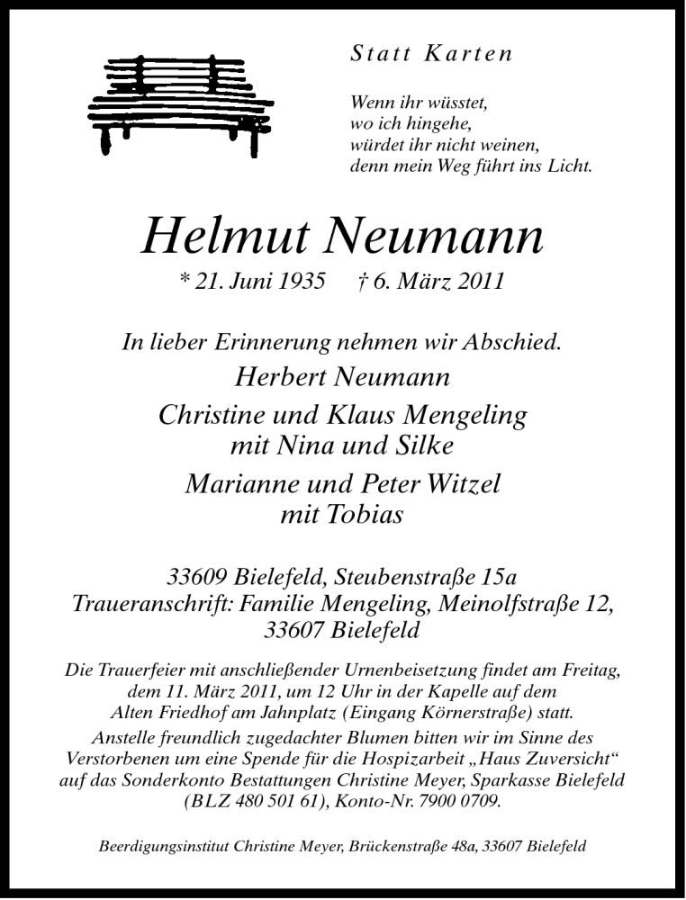  Traueranzeige für Helmut Neumann vom 08.03.2011 aus Neue Westfälische