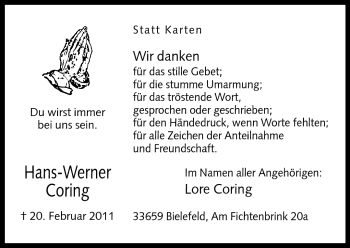 Traueranzeige von Hans-Werner Coring von Neue Westfälische
