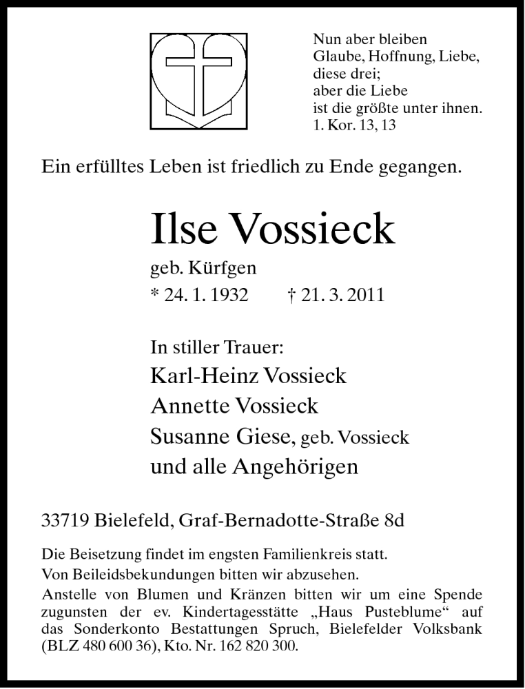  Traueranzeige für Ilse Vossieck vom 22.03.2011 aus Neue Westfälische
