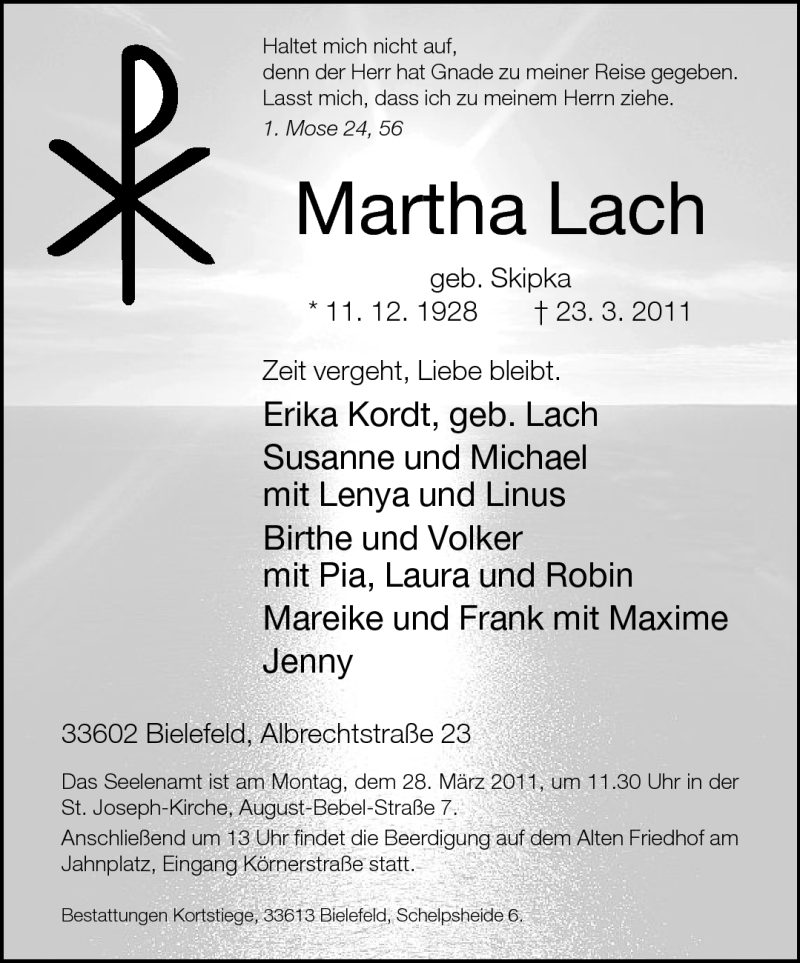  Traueranzeige für Martha Lach vom 25.03.2011 aus Neue Westfälische