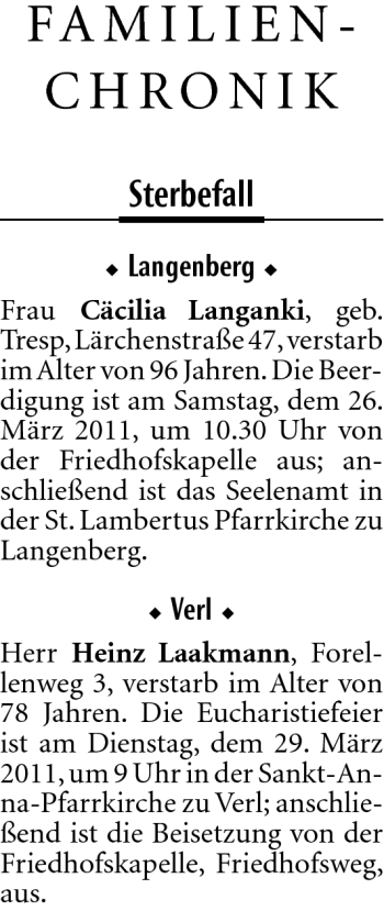 Traueranzeige von Cäcilia Langanki von Neue Westfälische