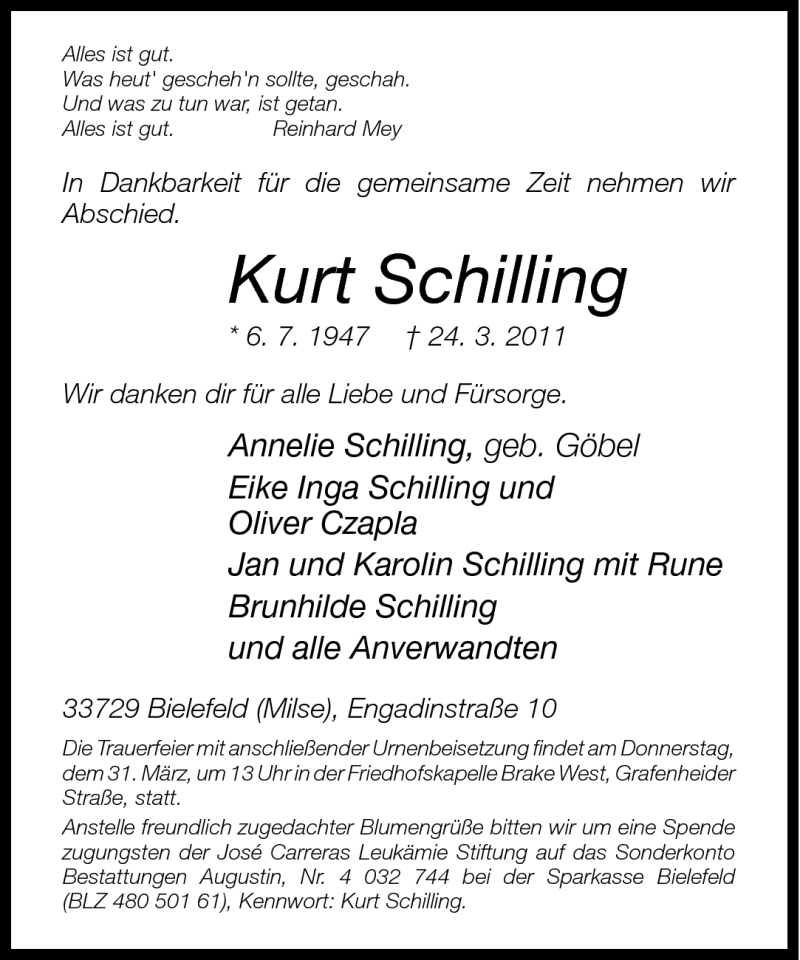  Traueranzeige für Kurt Schilling vom 28.03.2011 aus Neue Westfälische