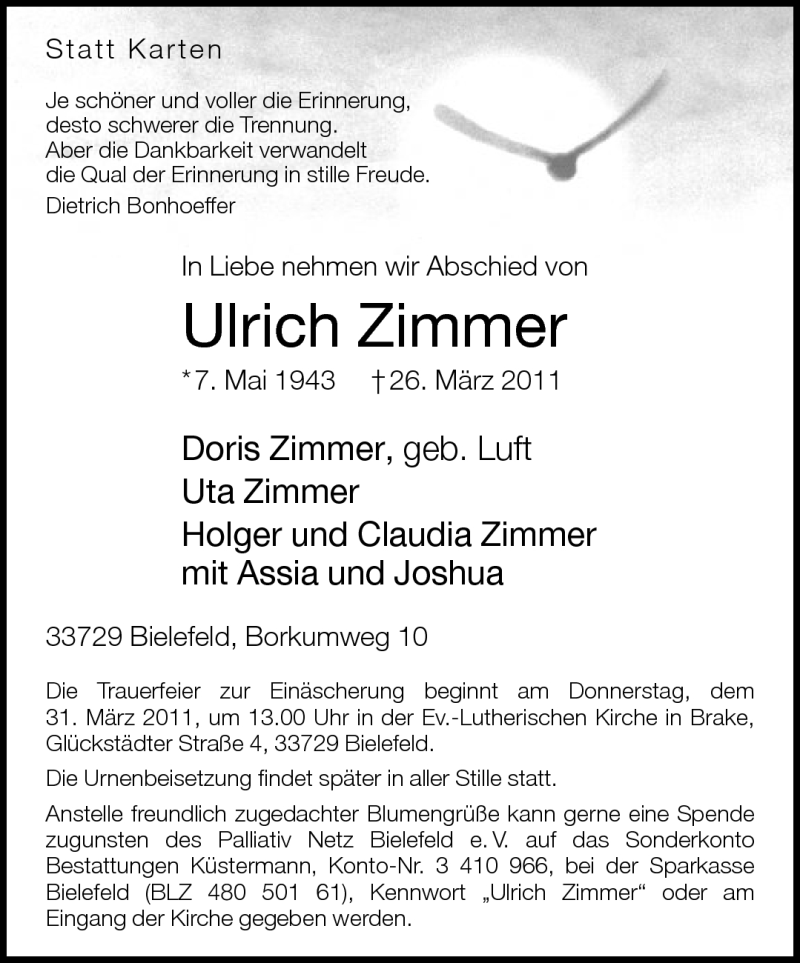  Traueranzeige für Ulrich Zimmer vom 28.03.2011 aus Neue Westfälische