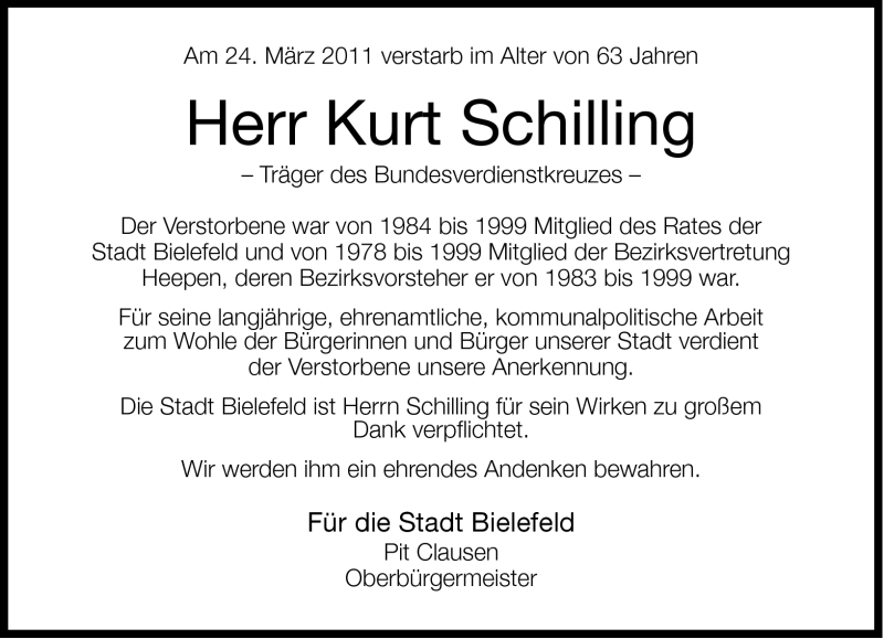  Traueranzeige für Kurt Schilling vom 29.03.2011 aus Neue Westfälische