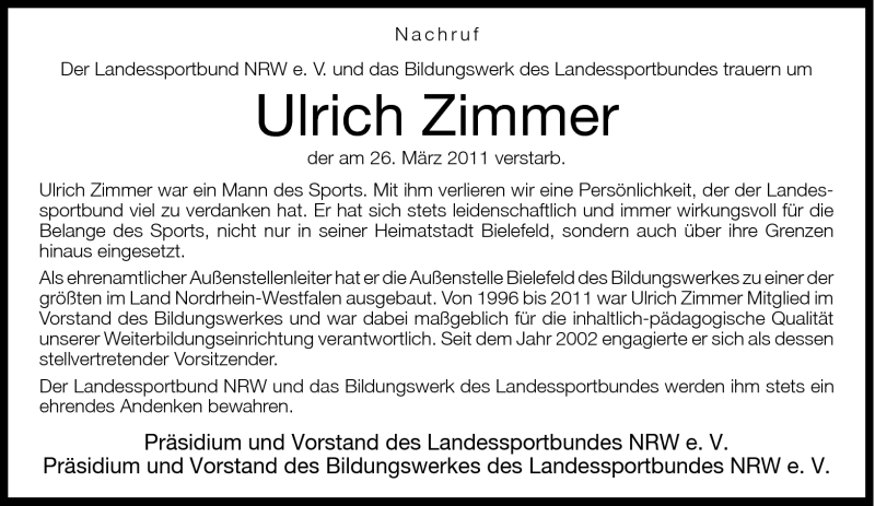 Traueranzeige für Ulrich Zimmer vom 29.03.2011 aus Neue Westfälische