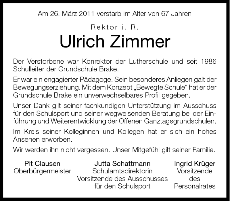 Traueranzeige für Ulrich Zimmer vom 30.03.2011 aus Neue Westfälische