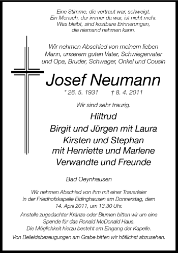 Traueranzeige von Josef Neumann von Neue Westfälische