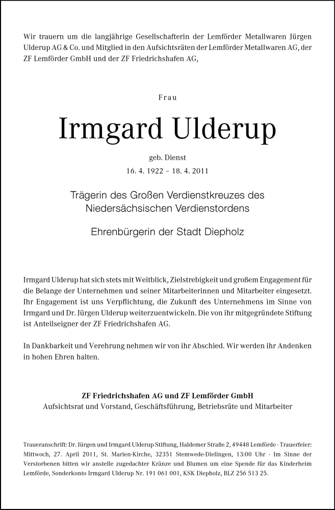  Traueranzeige für Irmgard Ulderup vom 21.04.2011 aus Neue Westfälische