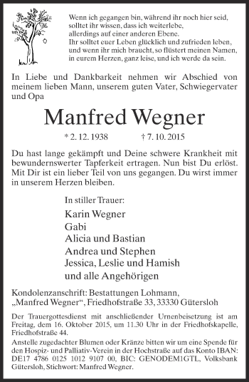 Traueranzeige von Manfred Wegner von Neue Westfälische