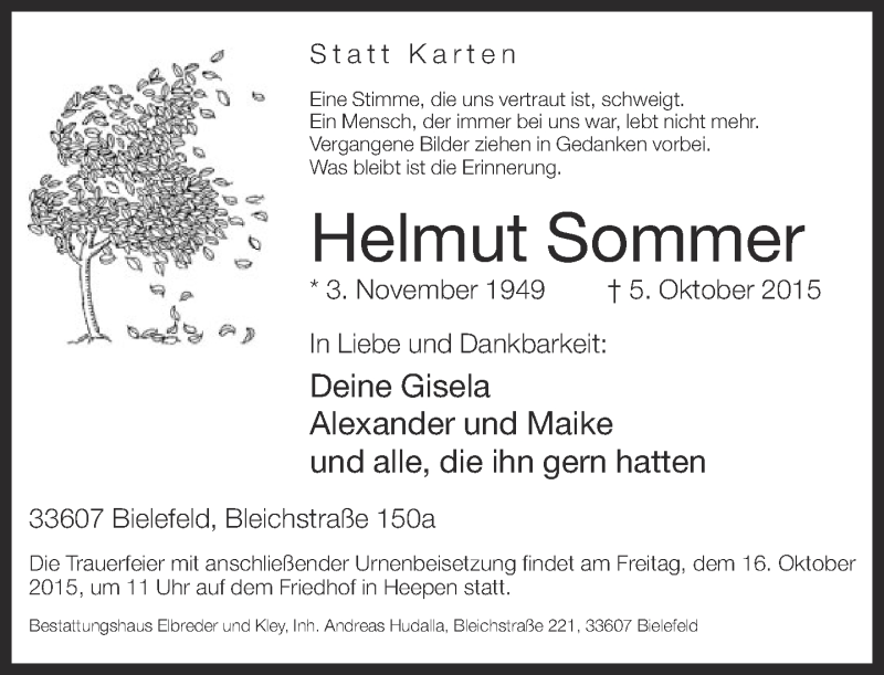  Traueranzeige für Helmut Sommer vom 10.10.2015 aus Neue Westfälische