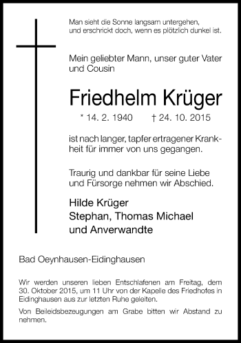 Traueranzeige von Friedhelm Krüger