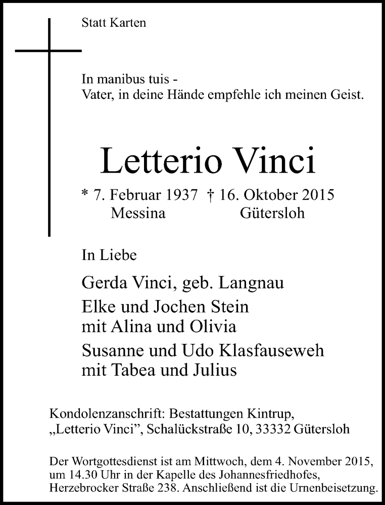  Traueranzeige für Letterio Vinci vom 28.10.2015 aus Neue Westfälische