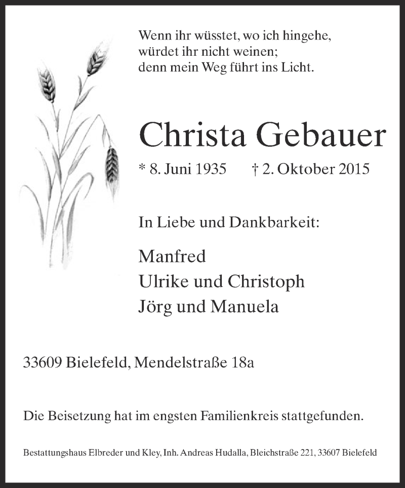  Traueranzeige für Christa Gebauer vom 10.10.2015 aus Neue Westfälische
