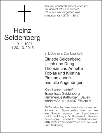 Traueranzeige von Heinz Seidenberg von Neue Westfälische
