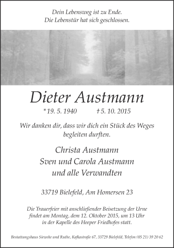 Traueranzeige von Dieter Austmann von Neue Westfälische