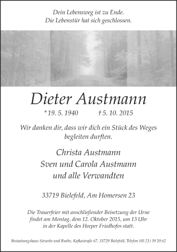 Traueranzeige von Dieter Austmann