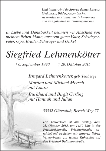 Traueranzeige von Siegfried Lehmenkötter von Neue Westfälische
