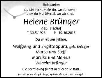 Traueranzeige von Helene Brünger von Neue Westfälische
