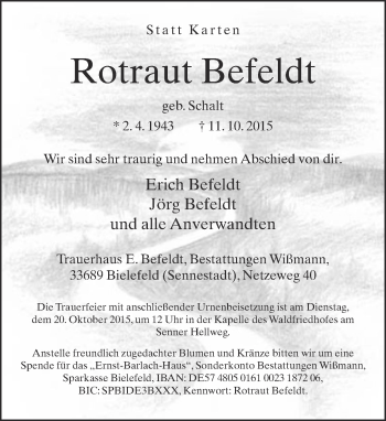 Traueranzeige von Rotraut Befeldt von Neue Westfälische