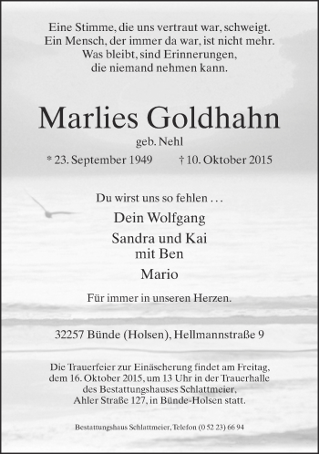 Traueranzeige von Marlies Goldhahn von Neue Westfälische