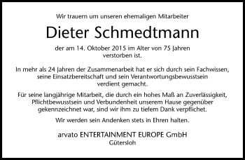 Traueranzeige von Dieter Schmedtmann von Neue Westfälische