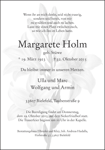 Traueranzeige von Margarete Holm von Neue Westfälische