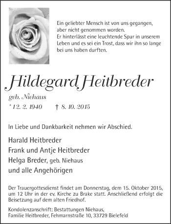 Traueranzeige von Hildegard Heitbreder von Neue Westfälische