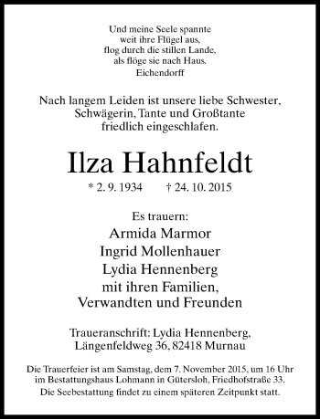 Traueranzeige von Ilza Hahnfeldt