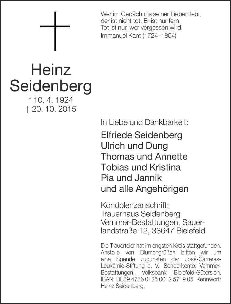  Traueranzeige für Heinz Seidenberg vom 31.10.2015 aus Neue Westfälische