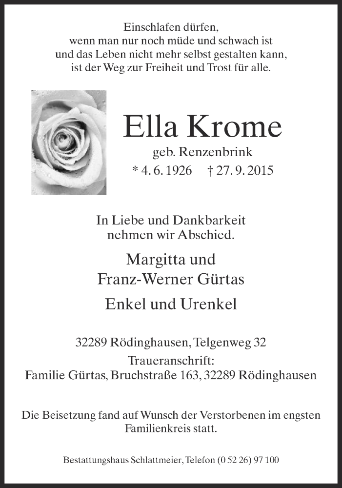  Traueranzeige für Ella Krome vom 02.10.2015 aus Neue Westfälische