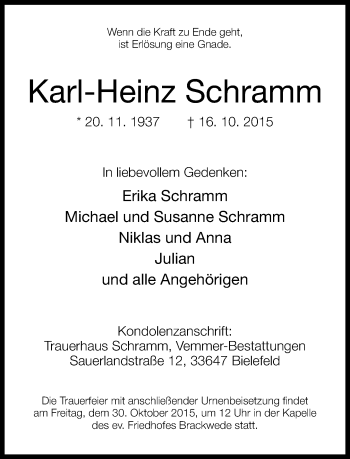 Traueranzeige von Karl-Heinz Schramm