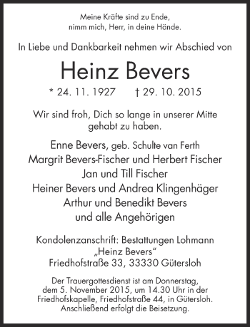 Traueranzeige von Heinz Bevers