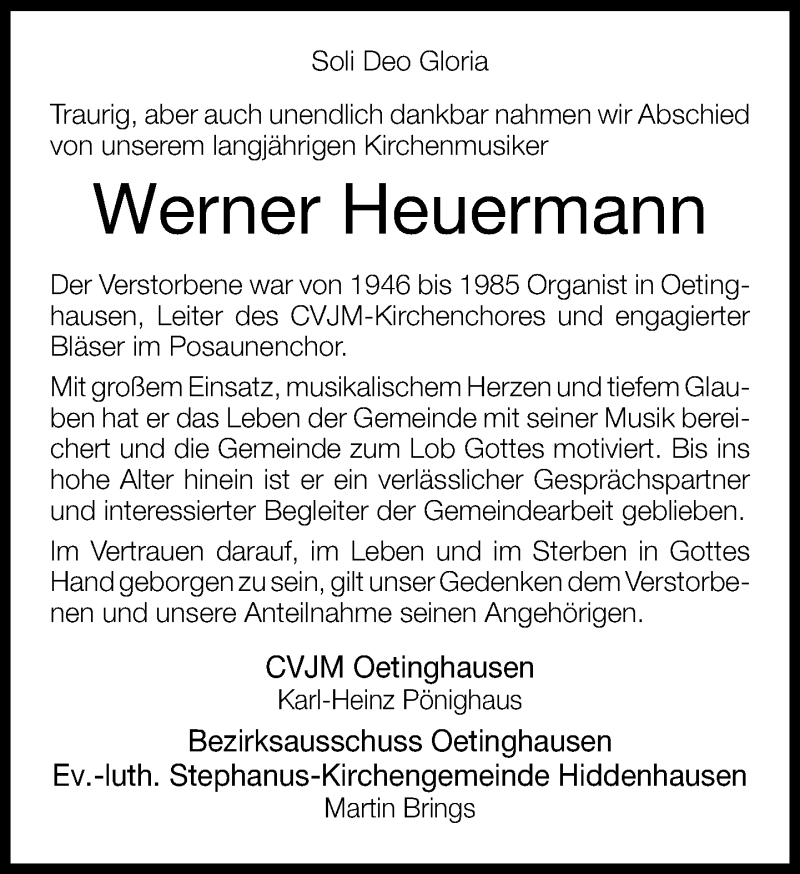 Traueranzeige für Werner Heuermann vom 06.10.2015 aus Neue Westfälische