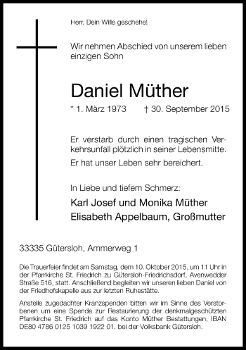 Traueranzeige von Daniel Müther von Neue Westfälische
