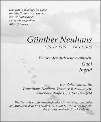 Traueranzeige von Günther Neuhaus von Neue Westfälische