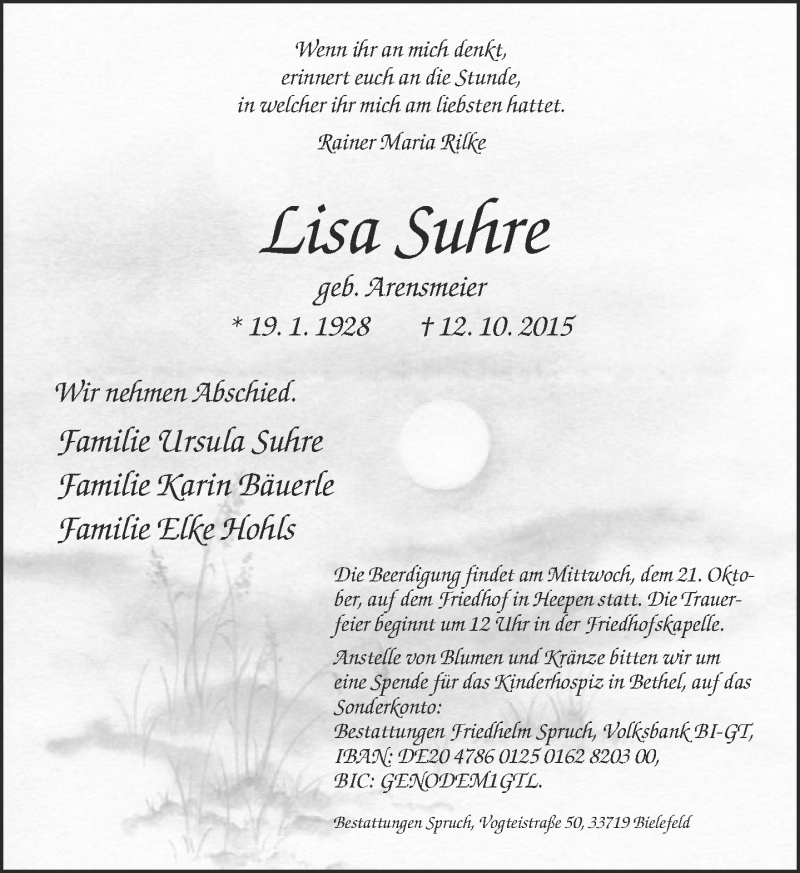  Traueranzeige für Lisa Suhre vom 22.10.2015 aus Neue Westfälische
