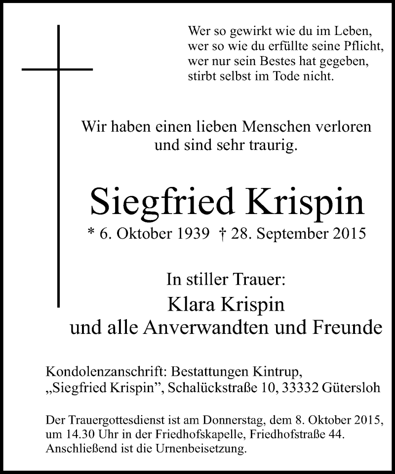  Traueranzeige für Siegfried Krispin vom 02.10.2015 aus Neue Westfälische