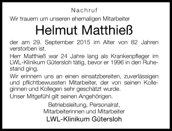 Traueranzeige von Helmut Matthieß von Neue Westfälische