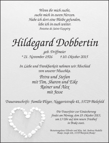 Traueranzeige von Hildegard Dobbertin von Neue Westfälische
