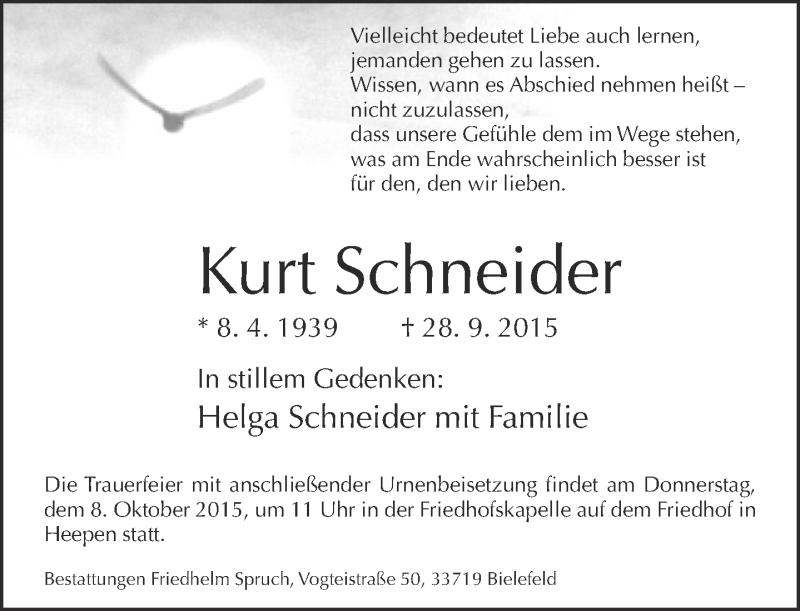  Traueranzeige für Kurt Schneider vom 05.10.2015 aus Neue Westfälische