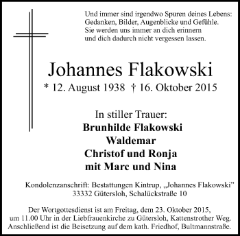 Traueranzeige von Johannes Flakowski von Neue Westfälische