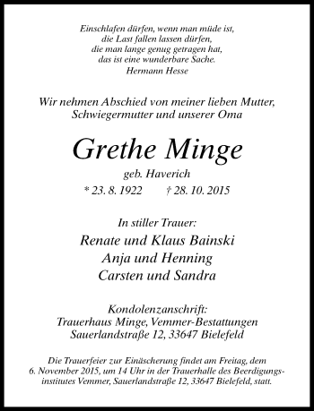 Traueranzeige von Grethe Minge von Neue Westfälische