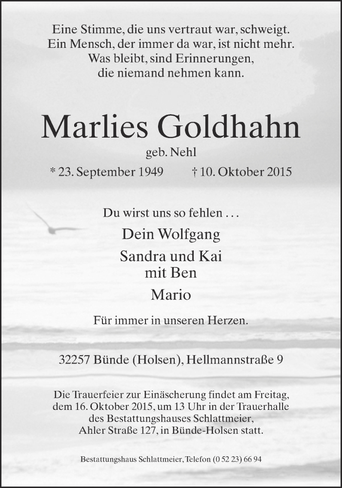  Traueranzeige für Marlies Goldhahn vom 12.10.2015 aus Neue Westfälische