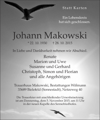 Traueranzeige von Johann Makowski von Neue Westfälische