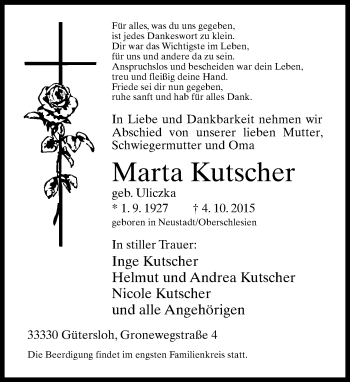 Traueranzeige von Marta Kutscher