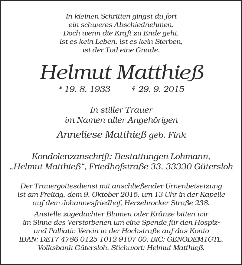  Traueranzeige für Helmut Matthieß vom 03.10.2015 aus Neue Westfälische
