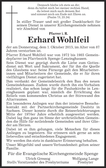 Traueranzeige von Erhard Wohlfeil von Neue Westfälische
